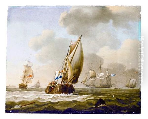 British Frigates And Other Vessels Offshore In A Swell, With A Dutch Hoy (minerva Of Vlissingen?) Heading Out To Sea by David Kleyne