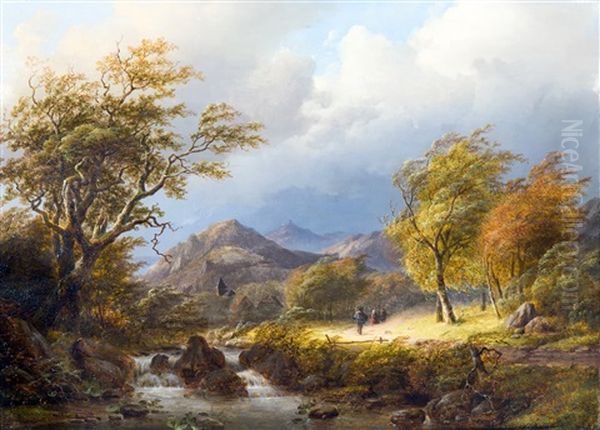 A Wooded Landscape With Travellers Along A Stream by Johann Bernard Klombeck