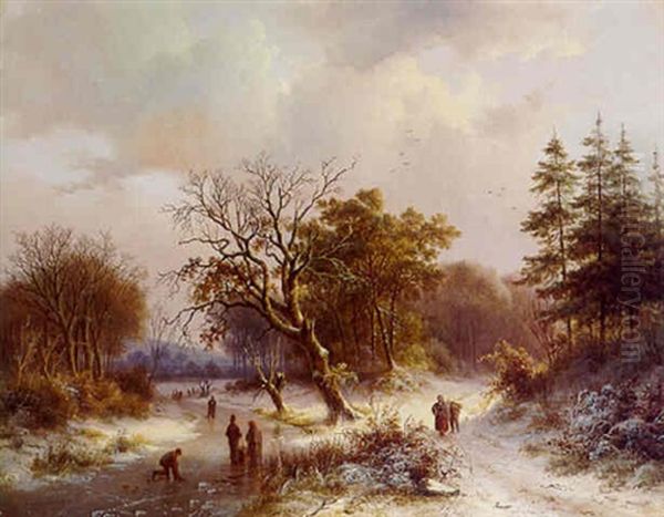 Winter: Skaters On A Frozen Ditch In A Wooded Landscape With Peasants On A Path Nearby by Johann Bernard Klombeck