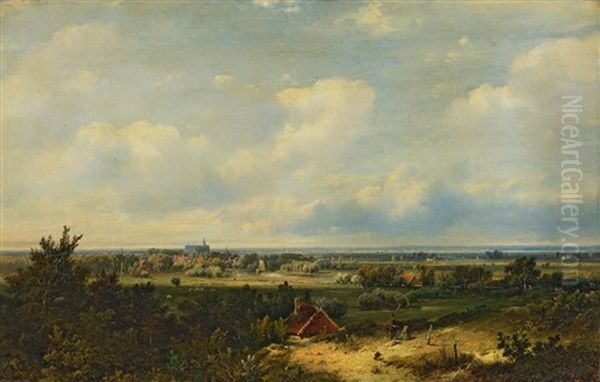 Extensive Landscape With A Church In The Distance by Pieter Lodewijk Francisco Kluyver