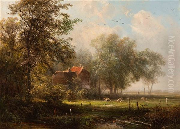 Summer Landscape With Cows By A Farm by Pieter Lodewijk Francisco Kluyver