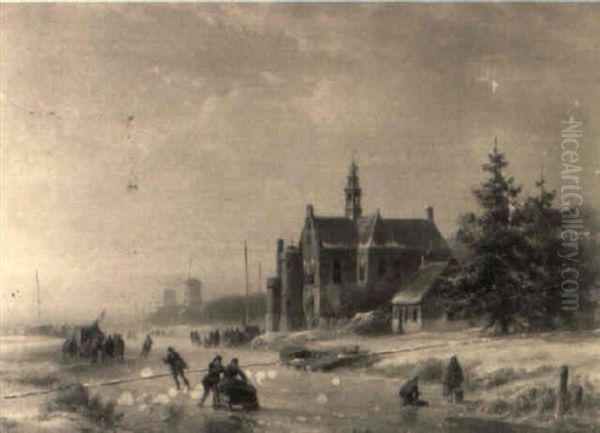 Winter Scene With A Church And Windmills Beyond by Pieter Lodewijk Francisco Kluyver