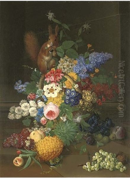 Roses, Narcissi And Other Flowers In A Basket With A Red Squirrel Holding Blackberries, Pineapple, Grapes, Gooseberries, Plums, Greengages, A Peach, A Cherry And A Walnut On A Stone Floor by Josef Knapp