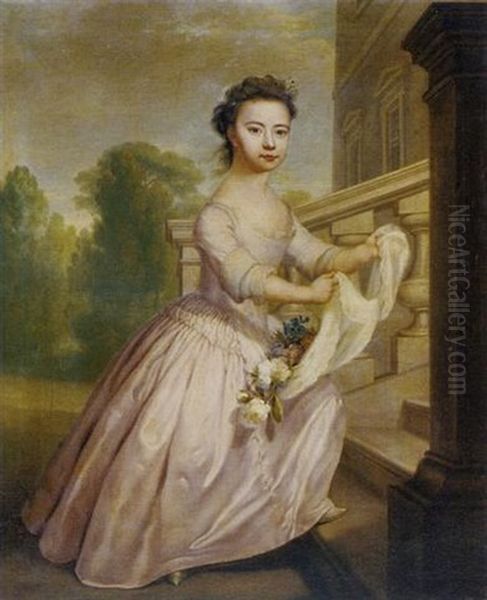 Portrait Of Anne Woolfe In A Pink Dress, Her Apron Filled With Flowers, On The Steps Of A Palladian Country House, An Avenue Of Trees Beyond by George Knapton