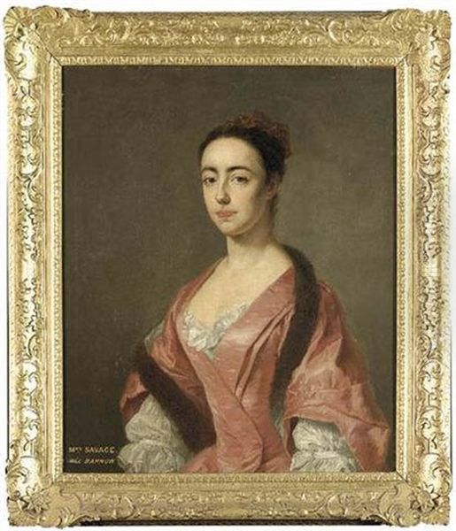 Portrait Of Eleanor Savage In A White Chemise And A Pink Silk Dress With A Fur Stole And Ochre Cap by George Knapton