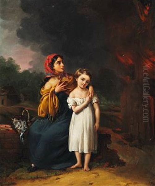 Mother And Child Near A Burning House by Petrus Renier Hubertus Knarren