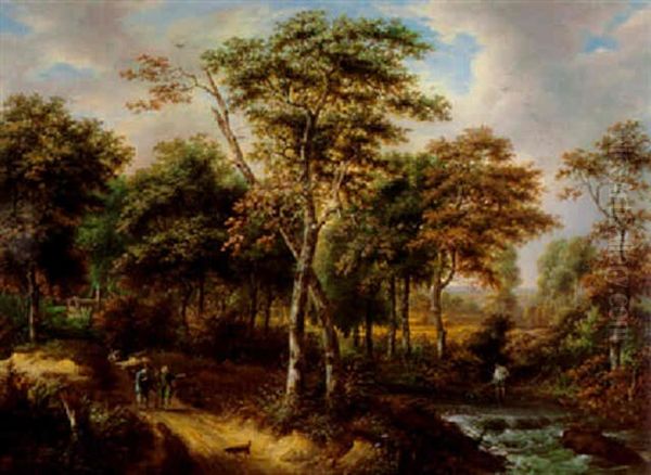 Romantische Waldlandschaft Mit Jaegern Und Angler by Johann Kneipp