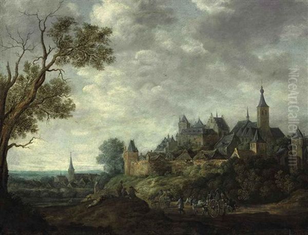 An Extensive Landscape With A Walled City And Travelers by Francois Van Knibbergen