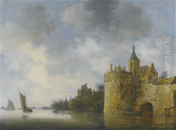 River Landscape With Two Fishermen In A Boat Below The Town Ramparts, Ships Beyond by Wouter Knijff