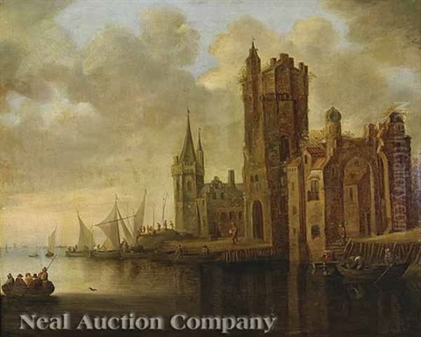 River Landscape With Boats And Figures Beside A Tower by Wouter Knijff