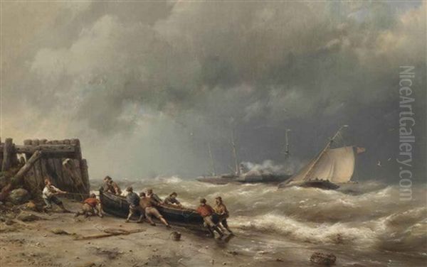 Pulling The Boat Ashore by Hermanus Koekkoek the Elder