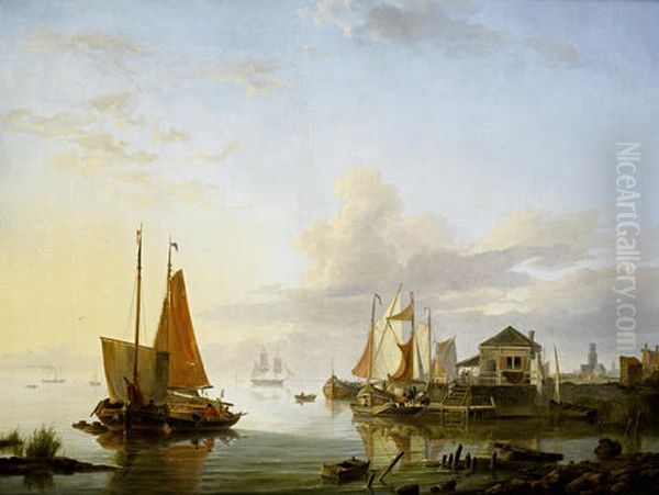 Boats In Harbor by Hermanus Koekkoek the Elder