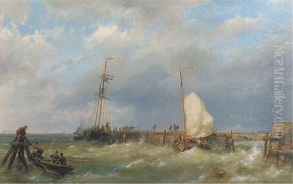 By A Jetty In Stormy Waters by Hermanus Koekkoek the Elder