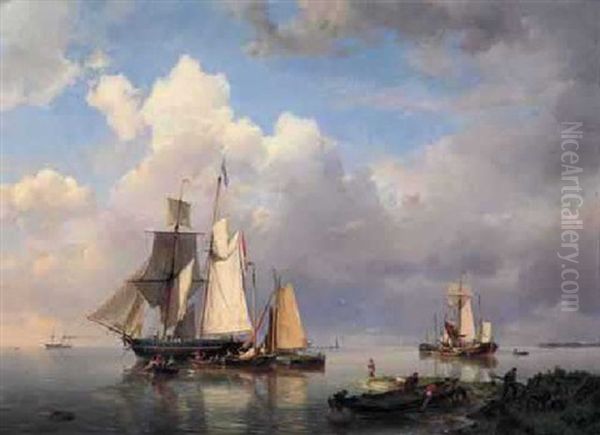 Vessels At Anchor In An Estuary With Fishermen Hauling Up Their Rowing Boat In The Foreground by Hermanus Koekkoek the Elder