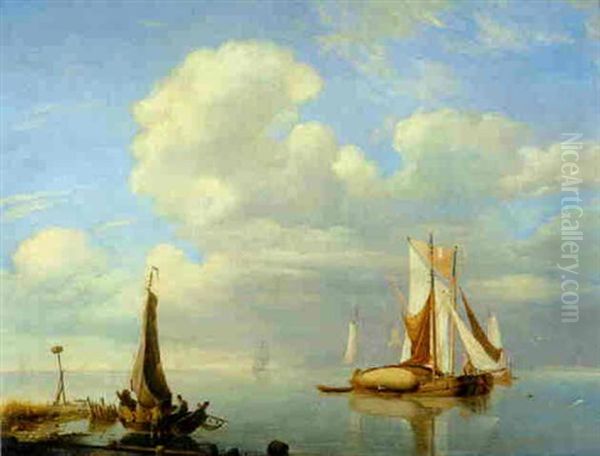 A Haybarge And Other Vessels On An Estuary by Hermanus Koekkoek the Elder