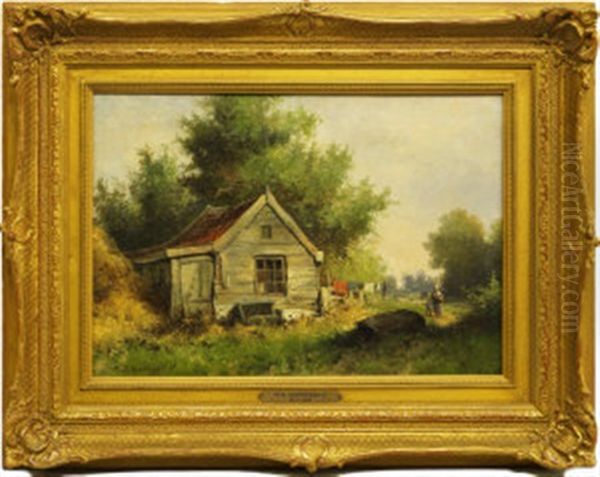 Figures By An Old Cottage With Woodland by Marinus Adrianus Koekkoek the Younger