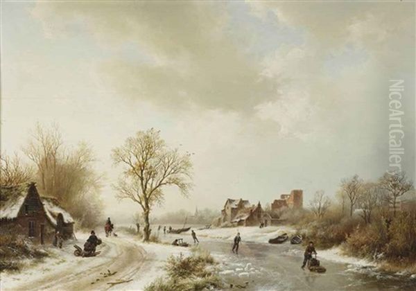 A Winter Landscape With Figures On A Path And Skaters On A Frozen Waterway by Barend Cornelis Koekkoek