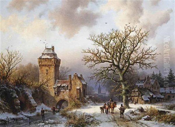 A Winter Landscape With Figures Conversing On A Snowy Path And Skaters On A Frozen Canal At The Entrance Of A Fortified Tower by Barend Cornelis Koekkoek