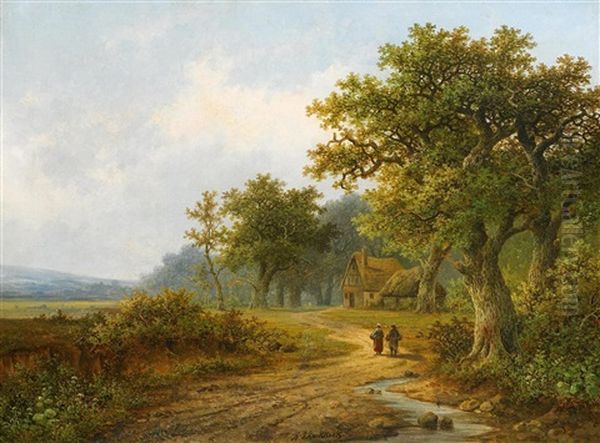 Landschaft Mit Bachlauf Und Feldweg by Hendrik Pieter Koekkoek