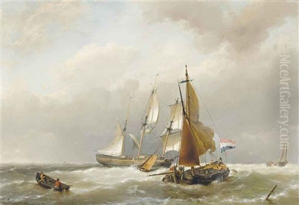 A Dutch Merchantman And Barges In A Stiffening Breeze by Hermanus Willem Koekkoek