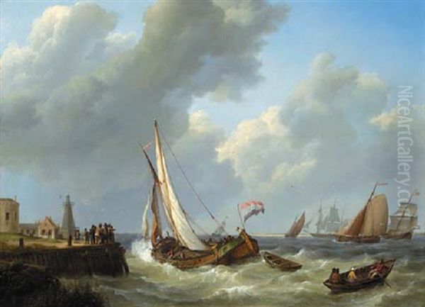 Spectators On A Jetty Watching Sailing Vessels On A Choppy River Estuary by Johannes Hermanus Koekkoek