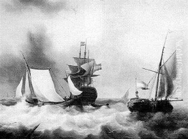 Dutch Shipping In A Swell by Johannes Hermanus Koekkoek