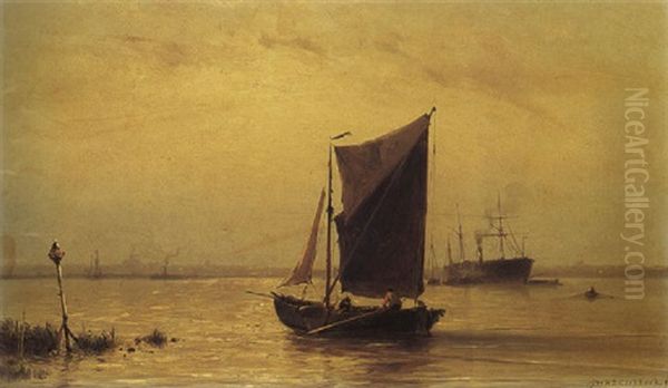 Shipping On The River Maas Near Rotterdam by Johannes Hermanus Barend Koekkoek