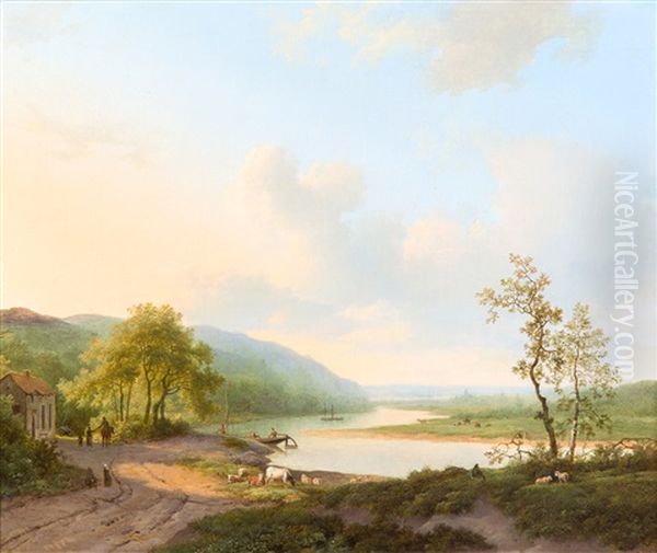 Riverbankscene, In The Foreground A Herdsman With Cattle by Marinus Adrianus Koekkoek