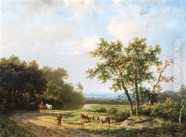 Boomrijk Landschap Met Koeherder Op Landweg by Marinus Adrianus Koekkoek