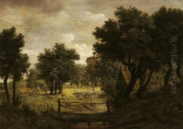 Bewaldete Flusslandschaft Mit Einem Bauernhaus Und Einem Steg by Isaac Koene