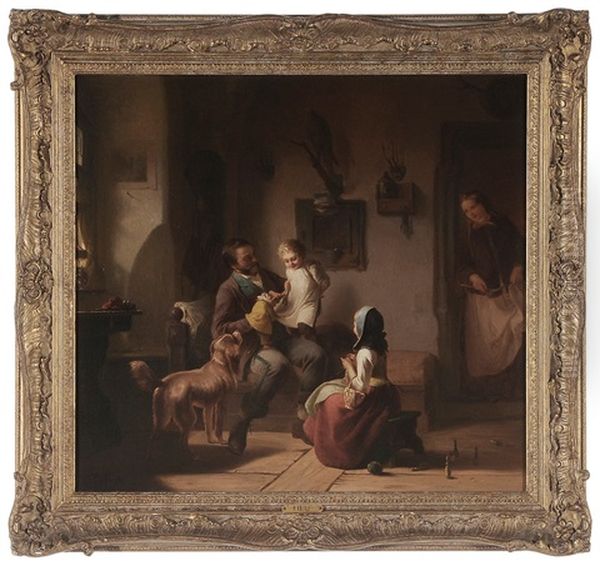 Family Scene, Father With Puppet Playing With A Toddler by Pancraz Koerle