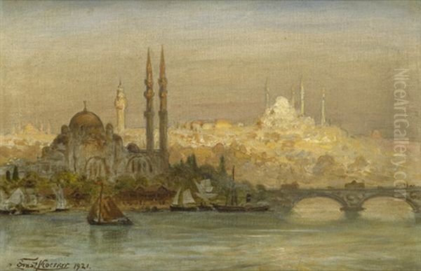 Blick Auf Istanbul Mit Der Yeni Moschee Und Der Suleymaniye-moschee by Ernest Karl Eugen Koerner