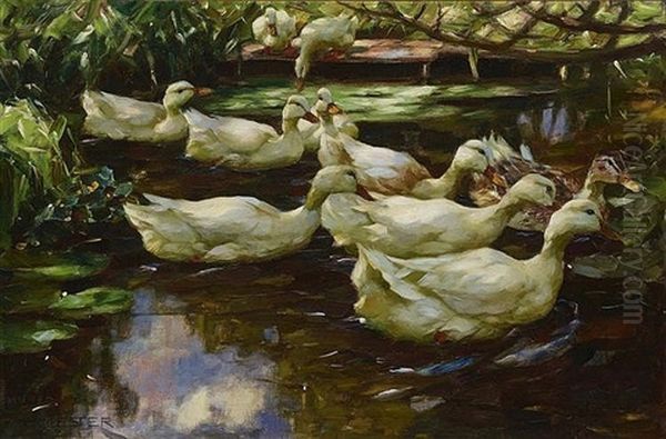 Ten Ducks In The Reed Pond by Alexander Max Koester