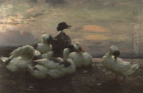 Enten Am Seeufer In Der Winterlichen Abendsonne by Alexander Max Koester