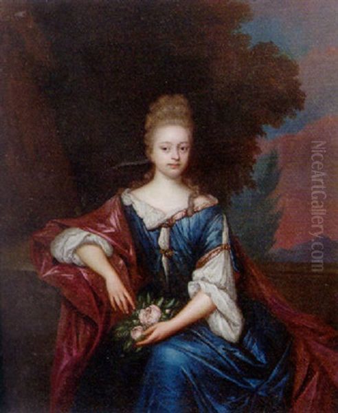 Portrait Of A Lady Wearing A Blue Satin Dress With Red Wrap And Wig, Holding Flowers by Roelof Koets the Younger