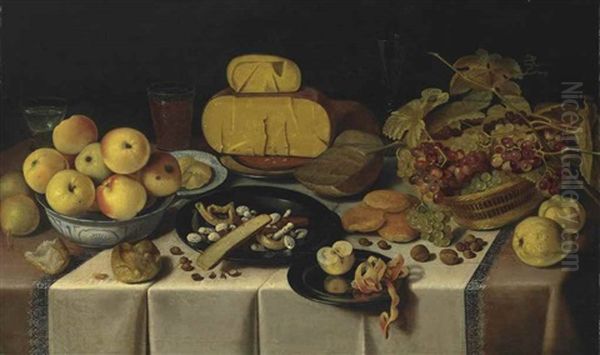 A Banquet With Cheese And Fruit On Pewter Plates, A Basket Of Grapes, Apples In A Wan-li Kraak Porcelain Bowl, And Bread And Glasses On A Draped Table by Roelof Koets