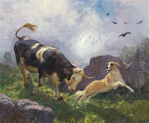 A Cow And Dog In The Mountains by Johann Rudolf Koller