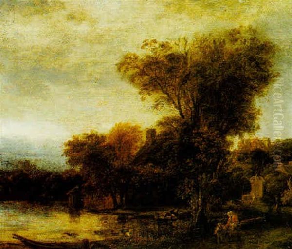 Wooded River Landscape With A Mother And Child On A Path by Jacob Koninck the Elder