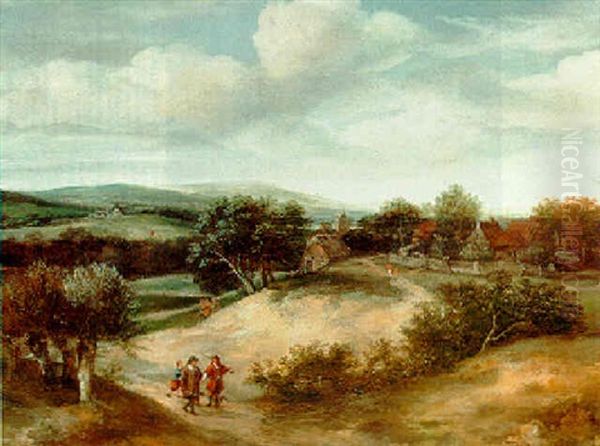 An Extensive Dune Landscape With Huntmen And Their Dogs, A Village Nearby by Jacob Koninck