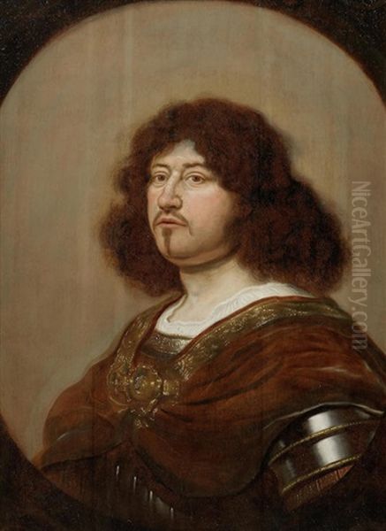 Portrait Of Gentleman, Bust-length, In Armour, Within A Painted Oval by Salomon Koninck