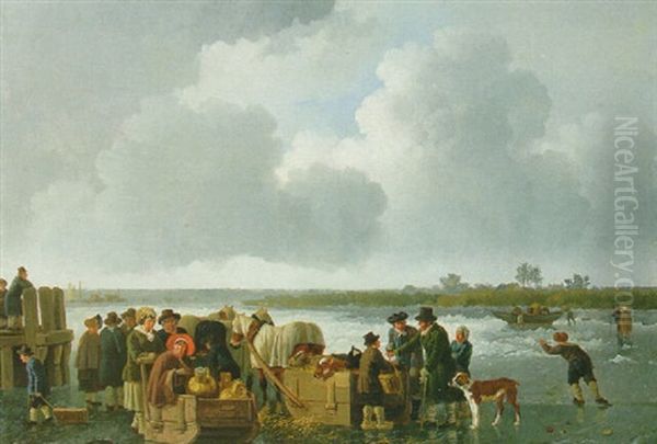 A Winter Landscape With Cattle-traders And Push- And Horse-drawn Sledges On A Frozen River by Leendert de Koningh