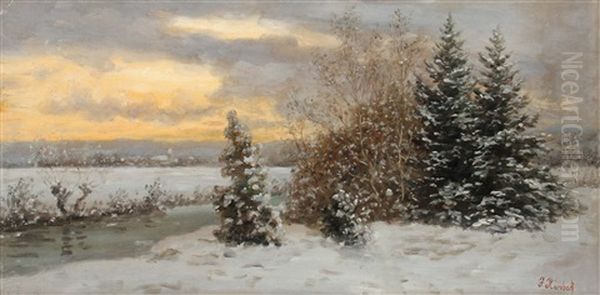 Winterlandschaft, An Der Aich Mit Blick Auf Nurtingen Und Die Alb by Julius Kornbeck