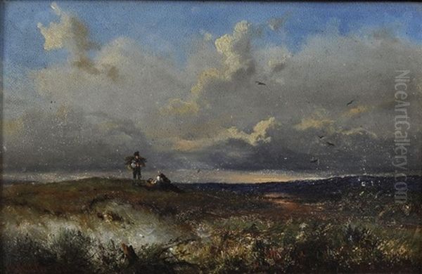 Reisigsammelnde Kinder In Dunenlandschaft by Carl Georg Koester