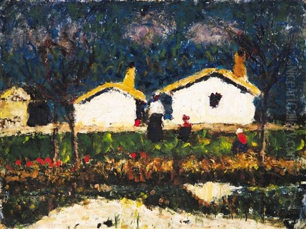 Summer Afternoon (farm Houses With Women In Red Dresses) by Jozsef Koszta