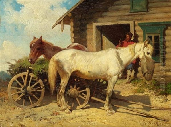 Rastende Pferde Vor Dem Haus Eines Russischen Bauern by Alexander August von Kotzbue