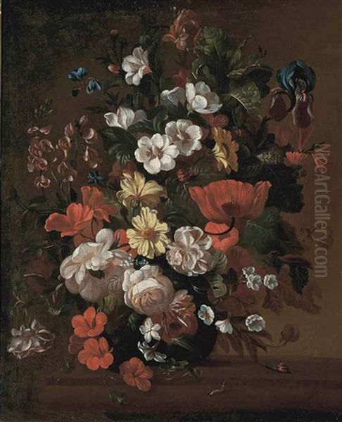 Roses, Poppies, Stras, An Iris And Other Flowers In A Glass Vase, On A Stone Ledge, With Snails And Ants by Philips van Kouwenberg