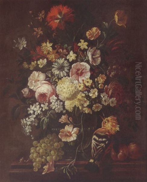 A Still Life Of Roses, Carnations, Daisies, Morning Glory, Camelias And Lilacs In A Glass Vase, Together With A Hoopoe, Grapes, Peaches And A Snail by Philips van Kouwenberg