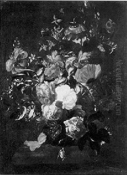 A Still Life Of Poppies, Roses, Convolvulus And Other Flowers In A Vase On A Stone Ledge by Philips van Kouwenberg