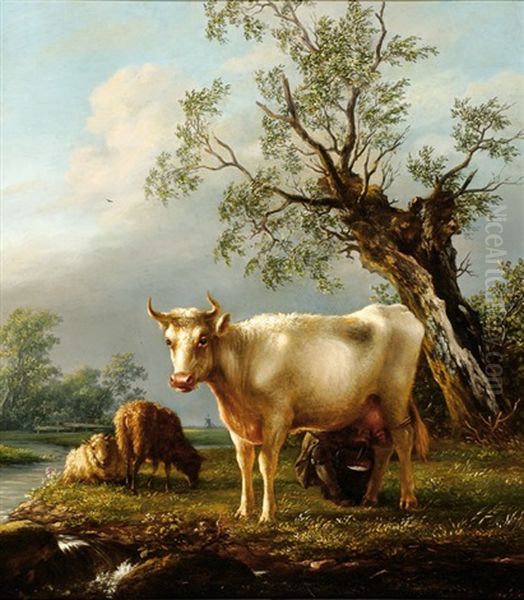 A Cow And Two Sheep On A Riverbank by Simon Andreas Krausz