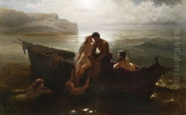 Des Fischers Traum. Der Junge Fischer Im Mondlicht An Der Seite Einer Meerjungfrau Im Kahn Sitzend, In Gesellschaft Weiterer Nixen by Wilhelm Kray